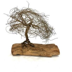 Vintage Wire Sculpture Tree Bonsai Willow Handmade on Wooden Base Wood Art Twist